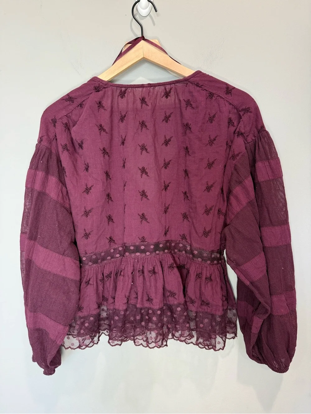 Free‎ People Nostalgic Feels Burgundy Embroidered Peplum Blouse M